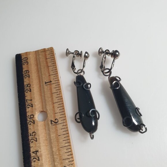 Vintage Black Stone Drop Clip Earrings Silver Tone Wire Wrap Screw Back Retro - Picture 4 of 5